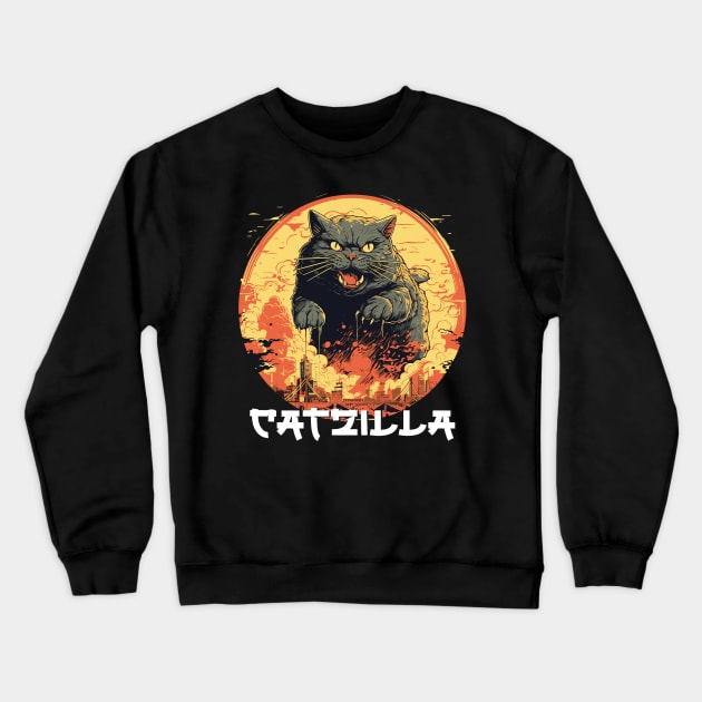 Catzilla Japanese Sunset Funny Cat Parody Vintage Catzilla Crewneck Sweatshirt by rhazi mode plagget